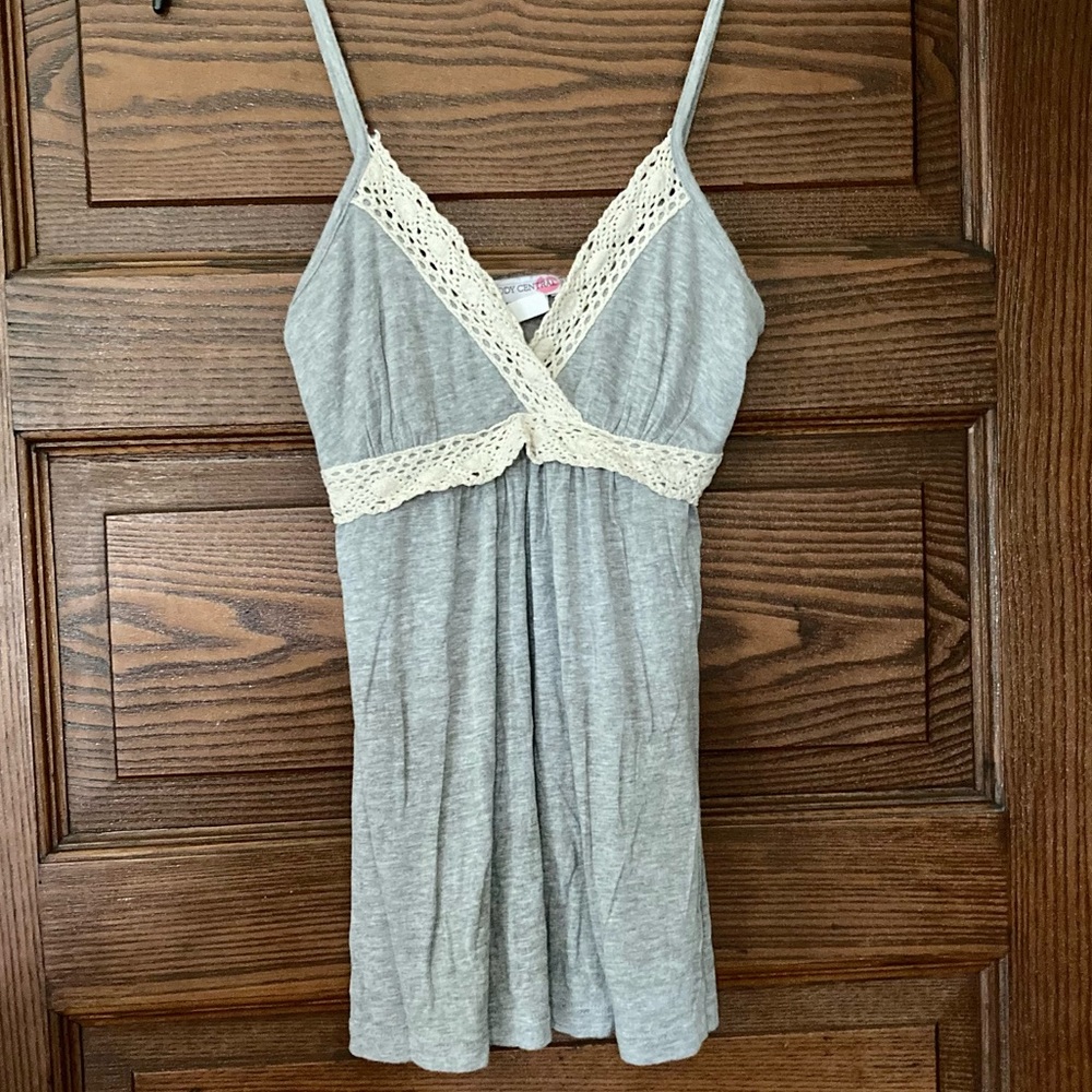 Body Central Grey Tank Top w/ Cream Crochet Lace, Size S